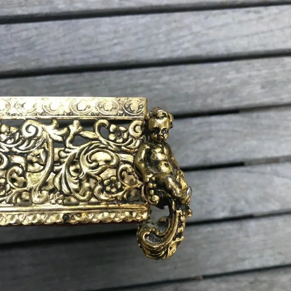 Hollywood Regency Gold Metal Cherub Filagree Tissue Holder